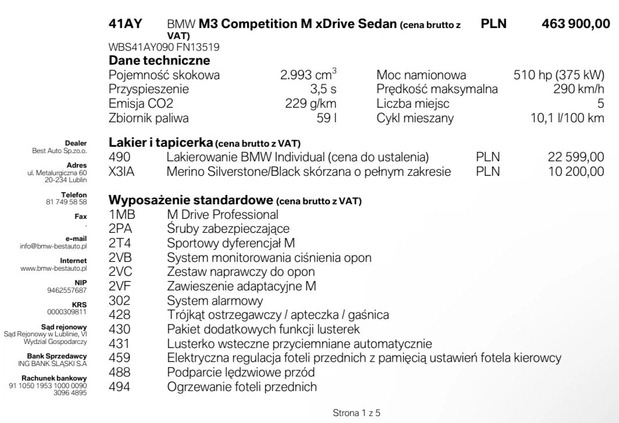 BMW M3 cena 405900 przebieg: 52000, rok produkcji 2022 z Kraśnik małe 232